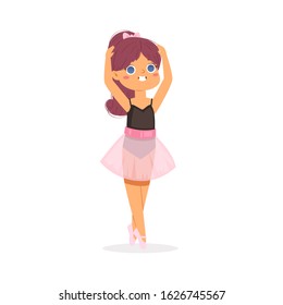 Cartoon cute little European ballerina girl with pretty brown hair in pink tutu dress. Ballet dancer in elegant pose, baby princess character. Vector Illustration card, poster design, banner, web