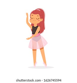 Cartoon cute little European ballerina girl with pretty red hair in pink tutu dress. Ballet dancer in elegant pose, baby princess character. Vector Illustration card, poster design, banner, web