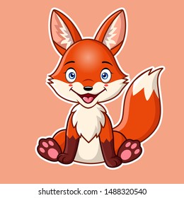 Cartoon of cute little Fox sitting on color background.