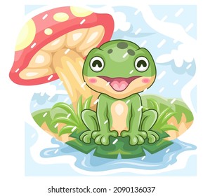 cartoon cute little frog being happy playing in the rain under the mushroom tree