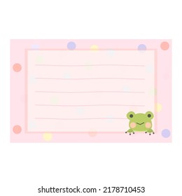 Cartoon cute little frog sticky note. Memo, sticker, label empty for text. Little animal to do list card. Isolated on white background, vector, illustration, EPS10