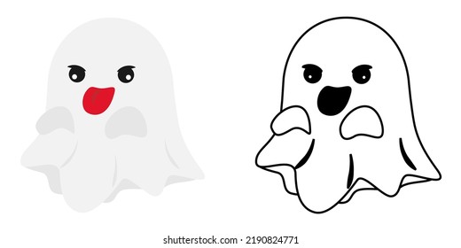 Cartoon cute little ghost flying with tongue out expression. Halloween character. Set of colored and line art. Isolated by white background, flat design, EPS10 vector
