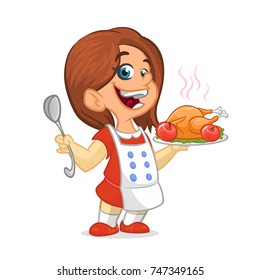 Cartoon cute little girl in apron serving roasted thanksgiving turkey dish holding a tray and spoon. Vector illustration isolated. Thanksgiving design