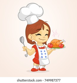 Cartoon cute little girl in apron serving roasted thanksgiving turkey dish holding a tray and spoon. Vector illustration isolated. Thanksgiving design