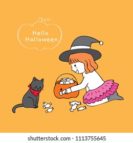 Cartoon cute little girl and black cat sharing candy vector.