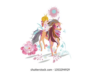 Cartoon cute little girl with a bow and her magical friend unicorn. 