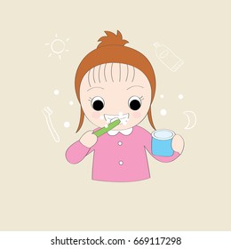 Cartoon cute little girl is brushing her teeth vector.