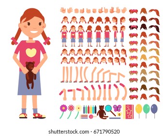 Cartoon cute little girl character. Vector creation constructor with different emotions and body parts. Female emotion and creation body constructor, gesture and pose illustration