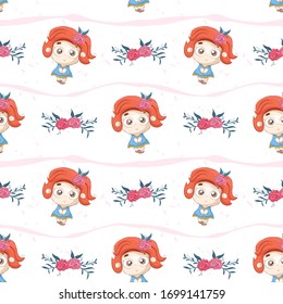 Cartoon cute little girl with flower
