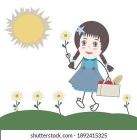 Cartoon cute little girl holding daisy on white background, vector background.