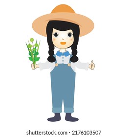 Cartoon cute little girl occupation farmer and holding plants
