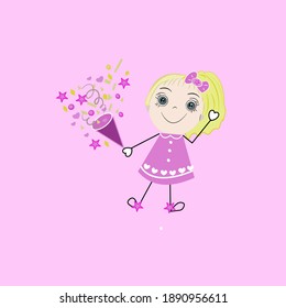 Cartoon cute little girl on pink background, enjoying life. Vector 