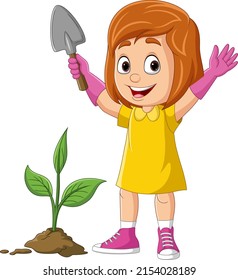 Caricatura linda niña plantando una planta