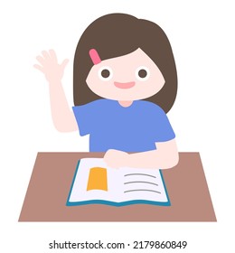 Cartoon cute little girl reading book and raising her hand for questions in classroom. Child back to school series. Isolated on white background, flat design, vector, illustration, EPS10