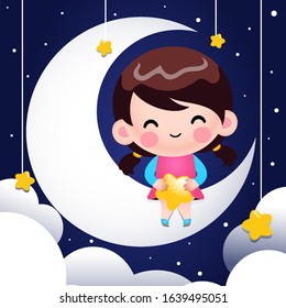 Cartoon Cute Little Girl Sitting On The Moon And Holding Stars In Her Lap