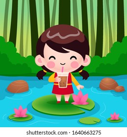 Cartoon Cute Little Girl Standing On Lotus, Drink Bubble Tea Or Pearl Tea Vector