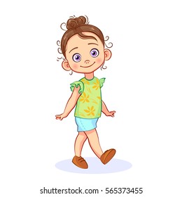 Cartoon Cute Little Girl Walks In A Good Mood. Cutout Vector Child Character.