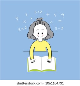 Cartoon cute little girl wearing yellow shirt is reading a green book, Mathematics education on dark blue background vector.