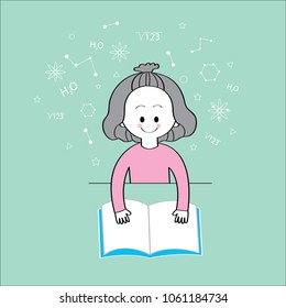 Cartoon cute little girl wearing pink shirt is reading a blue book, Science education on green background vector.