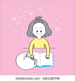 Cartoon cute little girl wearing yellow shirt is reading a blue book and white big cat sleeping on table, Science education on pink background vector.