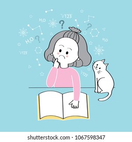 Cartoon cute little girl wearing pink shirt  is wondering in Science and white cat on blue background vector.