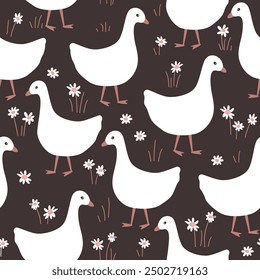 Cartoon cute little goose and flowers. Cartoon nursery, folk, or Scandinavian style seamless pattern. Vector illustration