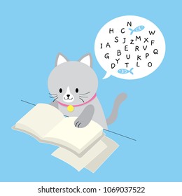 Cartoon cute little gray cat reading book on blue background vector.