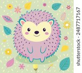 Cartoon cute little hedgehog standing on two legs, pastel purple, light yellow background, surrounded by leaves and flowers, sweet color, very cute.Hedgehog Cartoon Porcupine Animal