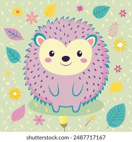 Dibujos animados lindo pequeño erizo de pie en dos piernas, púrpura pastel, fondo amarillo claro, rodeado de hojas y flores, color dulce, muy lindo.Hedgehog Dibujos animados Porcupine Animal