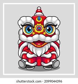 Cartoon cute little lion dance sitting and celebrating chinese new year