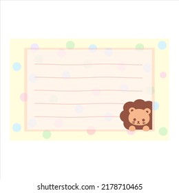 Cartoon cute little lion sticky note. Memo, sticker, label empty for text. Little animal to do list card. Isolated on white background, vector, illustration, EPS10