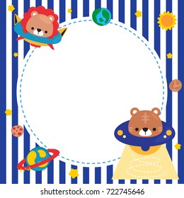 Cartoon cute little lion and tiger riding a spaceship invitation card template vector illustration.