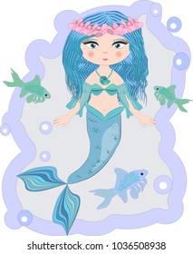 Cartoon, cute little mermaid, sea princess, siren, with blue hair, open eyes and a forked tail