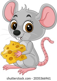 Cartoon cute little mouse holding a cheese