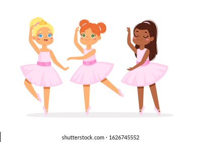 Cartoon cute little multicultural ballerinas with various hairstyles in pink tutu dresses. Ballet dancers in different poses, baby princess characters training in school class. Vector Illustration set