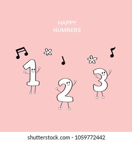 Cartoon cute little numbers, 1 2 3 dancing funny and musical notes  on pink background vector.