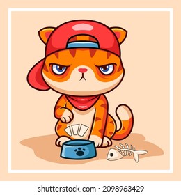 Cartoon cute little orange cat is upset because he is hungry and wants to ask for food.