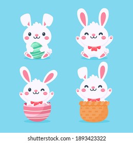 Cartoon cute little rabbit hugging easter egg Isolated on background