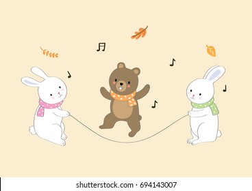 Cartoon cute little rabbits and little bear rope jumping in autumn vector.