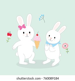 Cartoon cute little rabbits  is giving her brother's ice cream vector.