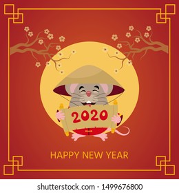 Cartoon cute little rat with traditional chinese costume. Rat chinese symbol of New Year 2020. Vector illustration in Chinese style  