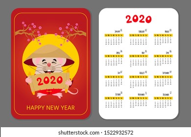 Cartoon cute little rat with traditional chinese costume. Calendar with Rat chinese symbol of New Year 2020. Vector illustration in Chinese style  