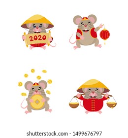 Cartoon cute little rats with traditional chinese costume. Rat chinese symbol of New Year 2020. Vector illustration in Chinese style  