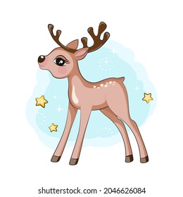 Cartoon cute little reindeer. Isolated. Beautiful picture for your design.  Christmas illustration on white.