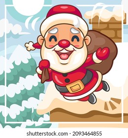 Cartoon cute little santa claus jumping from the top of the house on snow landscape background