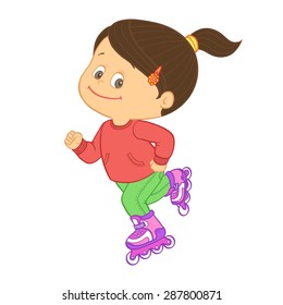 Cartoon cute little / teen brown-haired girl riding roller skates. Rollerblading kid girl on inline skates. Isolated vector illustration on a white background.