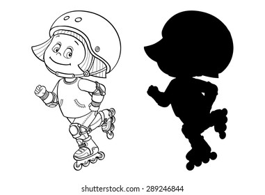 Cartoon cute little / teen girl riding roller skates. Rollerblading kid girl on inline skates. Isolated vector illustration on a white background.