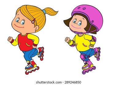 Cartoon cute little / teen girl riding roller skates. Rollerblading kid girl on inline skates. Isolated vector illustration on a white background.