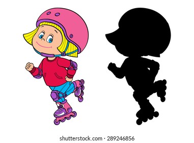 Cartoon cute little / teen girl riding roller skates. Rollerblading kid girl on inline skates. Isolated vector illustration on a white background.