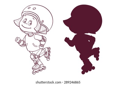 Cartoon cute little / teen girl riding roller skates. Rollerblading kid girl on inline skates. Isolated vector illustration on a white background.